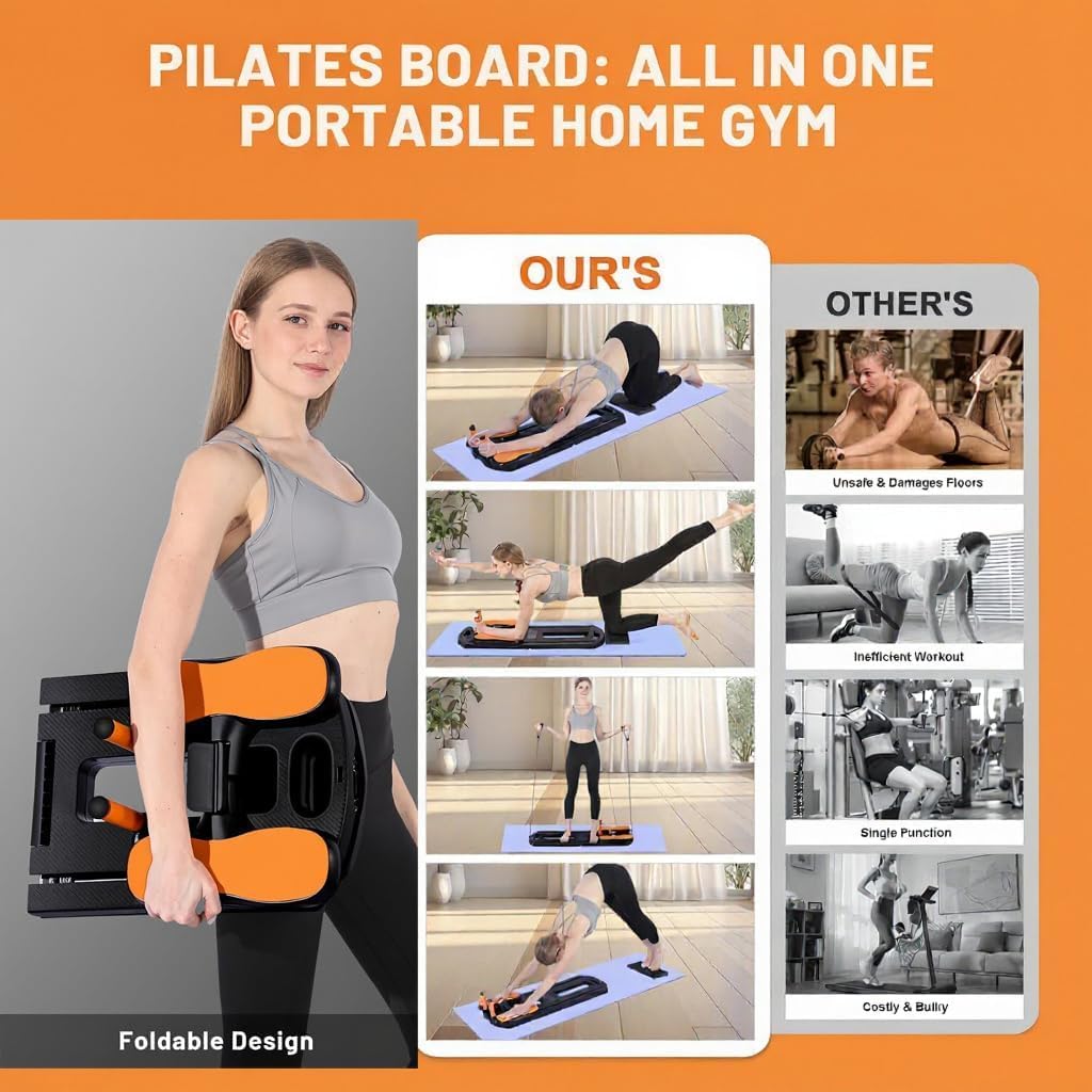 Pilates Board Set Mit PilatesBar Und Widerstandsband, Faltbarer Pilate Reformer Maschine,Ab Core Trainer Für Zuhause Fitnessstudio, Für Anfänger & Profis,Automatischer Rückprall, Workout Equipment