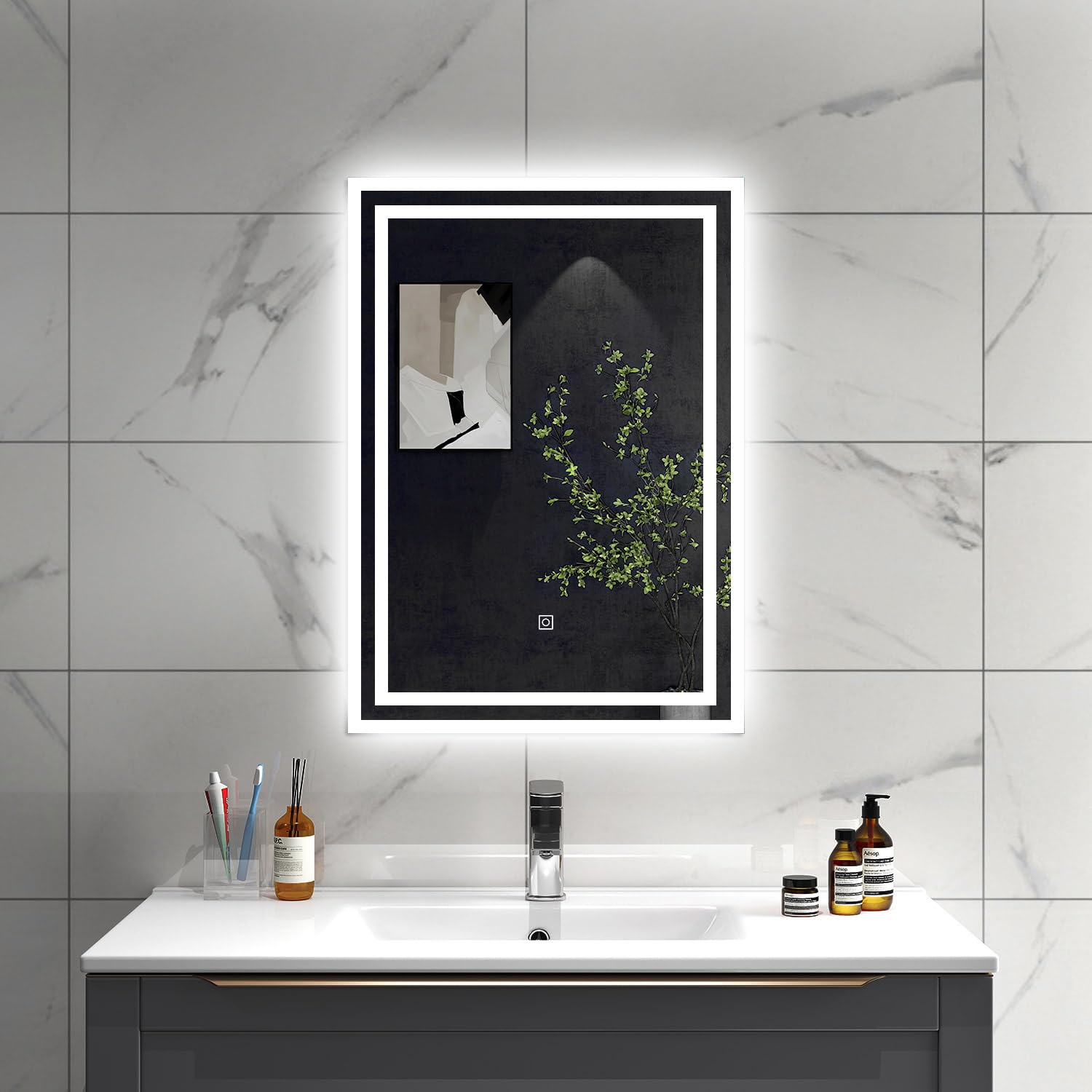 Sline Sanitary Dimmable White Light Bathroom Mirror With Led Lights 70X50cm,Wall Mounted Vanit Mirror With Demister Pad,Dimmable Backlit White Lights,Touch Control & Memory Function,Ip44 Rated,Horizontal/Vertical