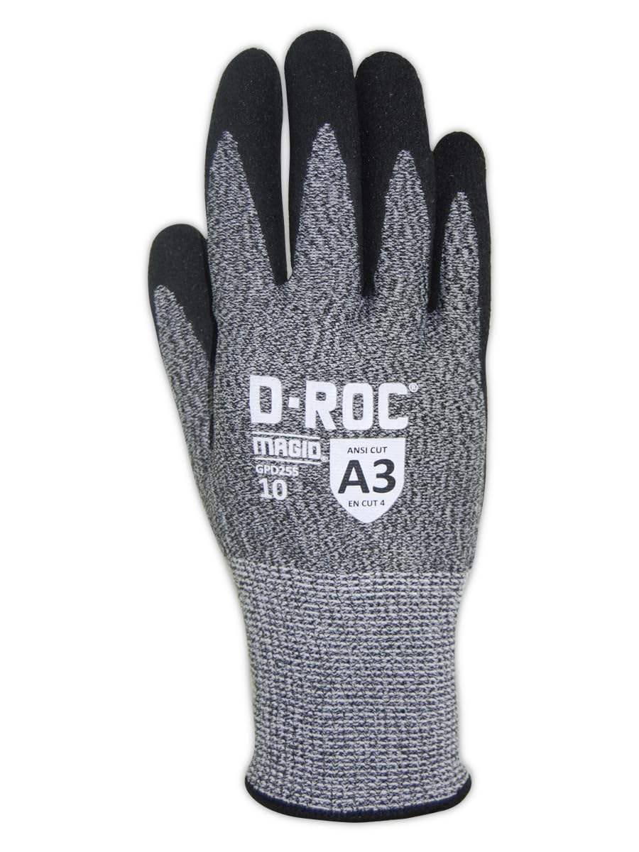 Guante Magid y seguridad gpd255 – 8 Magid d-roc HPPE Blended Nitrix Grip tecnología guantes de trabajo (palmas cubiertas de corte nivel A3, 9, sal y pimienta, 8 (Pack de 12)