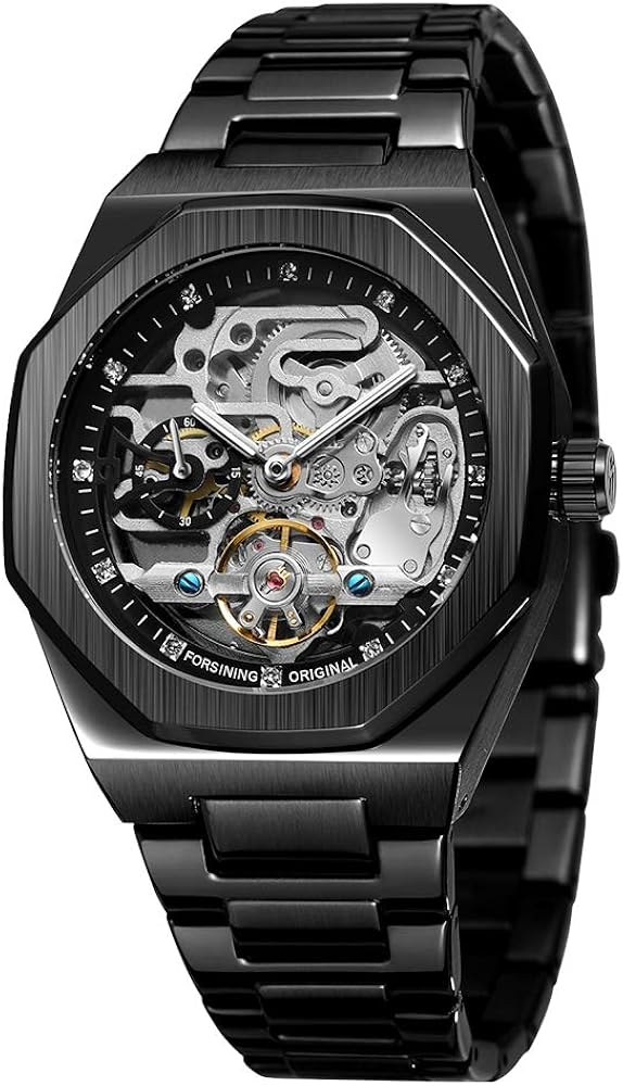 Forsining Metal Army Reloj automático Tourbillon acero inoxidable Steampunk esqueleto mecánico relojes para hombres