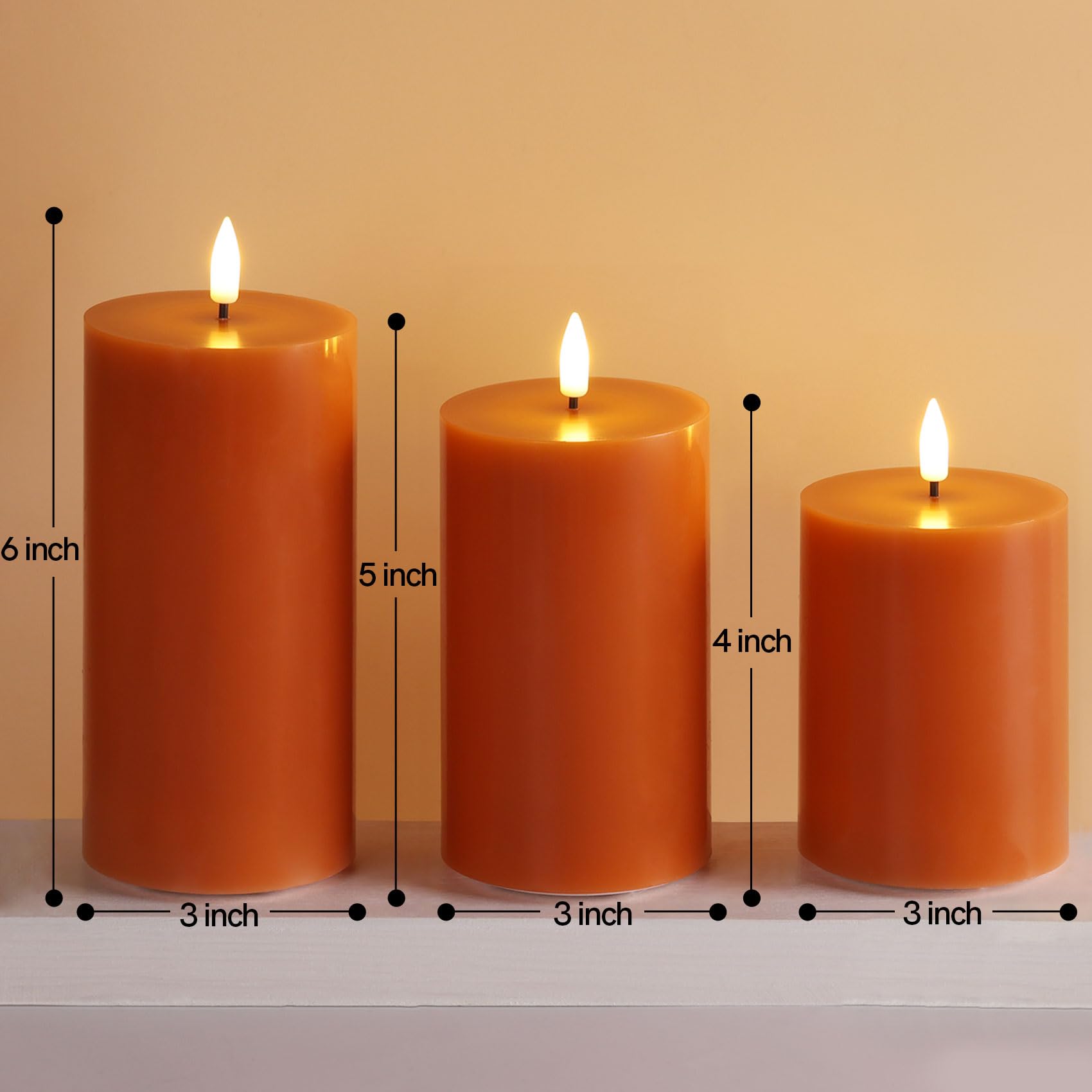 Candele a pilastro senza fiamma, in vera cera tremolante, funzionamento a batteria, set da 3 pezzi, colore: arancione bruciato