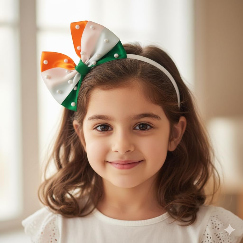 Stunning Shopping Tricolor Satin Pearl Hair Bow Band for Girls & Women | Elegant Independence Day & Republic Day Accessory | Comfortable Non-Slip Hairband for Daily – Pack of 1-image-22