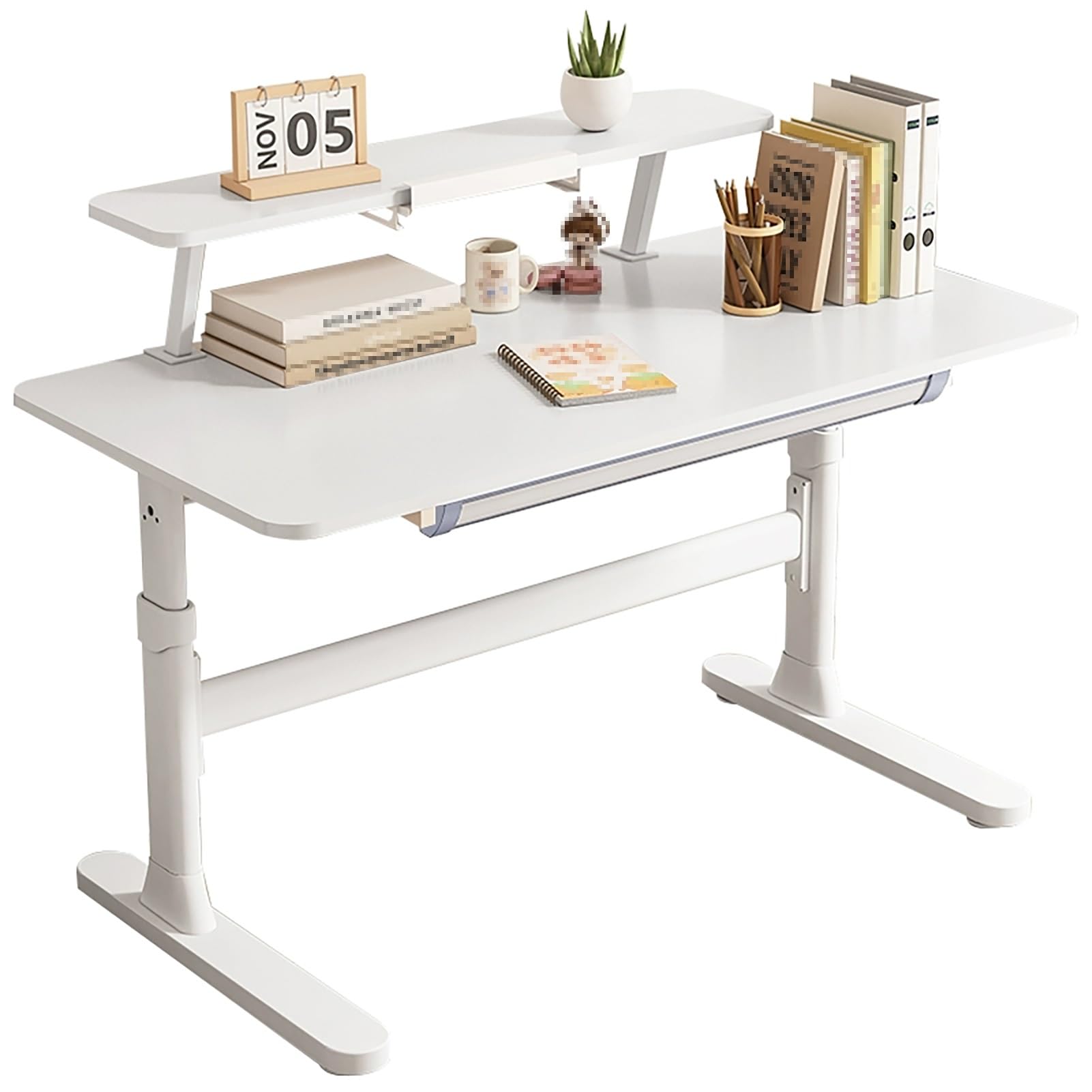 MYUYEE Height Adjustable Standing Desk With Drawer - Manual, Home Office Computer Desk With Small Removable Bookshelf - Study Desk (140X60Cm)