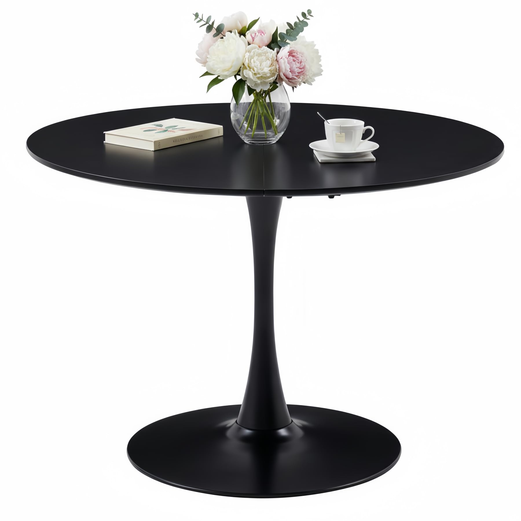 Mesa de Comedor Redonda de 110 cm, Negra, Mesa Grande para 4-6 Personas, Tablero de MDF con Patas de Hierro Resistentes, Ideal para Cocina, Sala de Estar, Comedor y cafetería