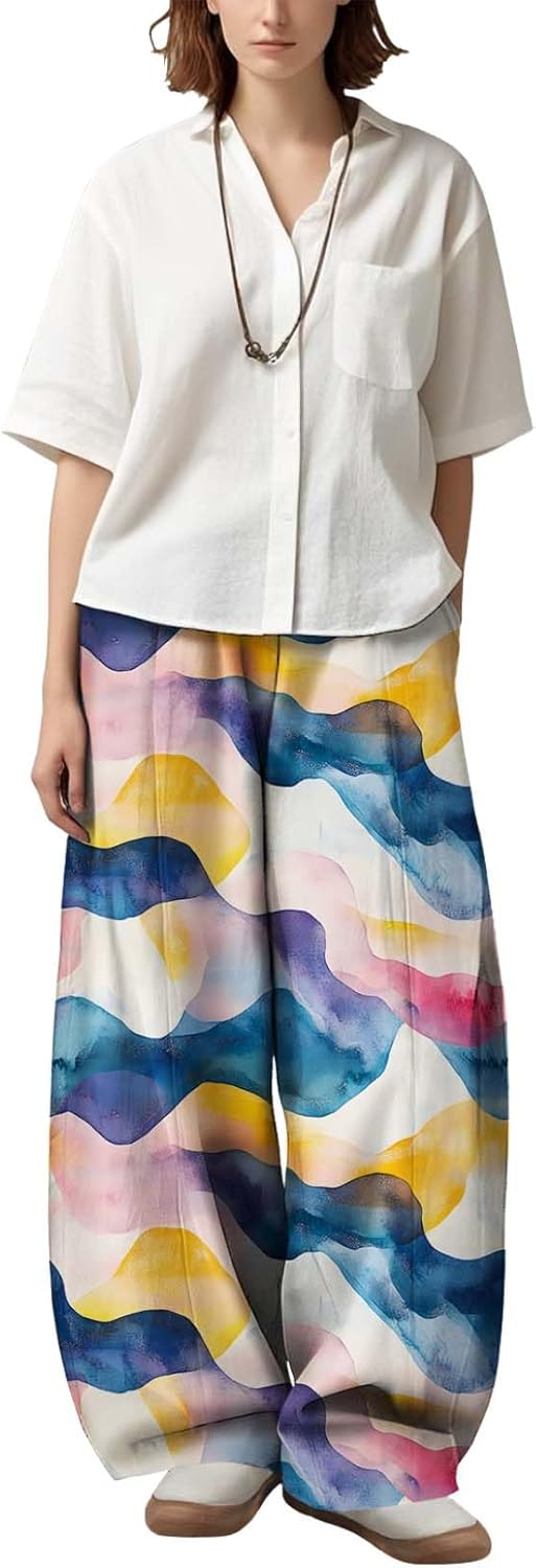 Medlor Womens Boho Floral Printed Pants Elastic Waist Wide Leg Casual Trousers Loose Fit Pant with Pockets for 2025 Summer