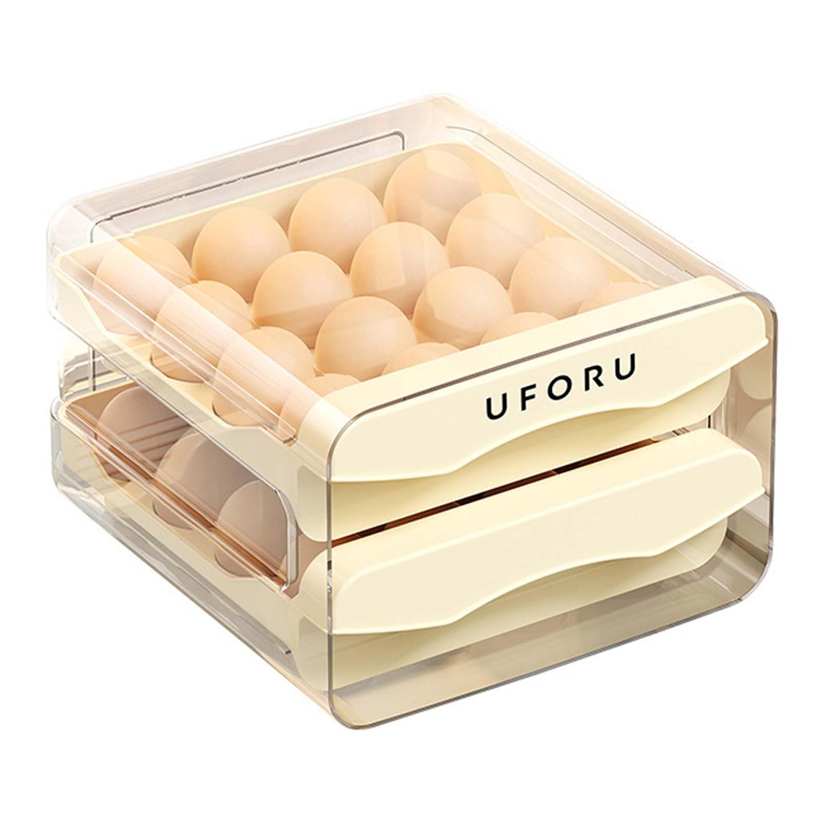 Plateau à Œufs pour Réfrigérateur, 32 Grilles/2 Couches Porte-œufs pour Réfrigérateur, Tiroir à Œufs pour Frigo, Boîte de Rangement pour Œufs Frais,Transparent, Crème