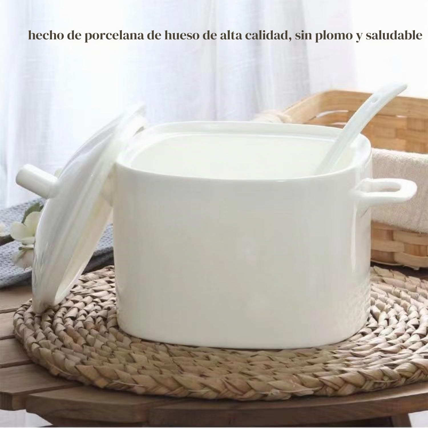 Tureen de sopa de porcelana de hueso con tapa y juego de cucharón, cuenco grande de cerámica de 3000 ml con cubierta para fiestas, comer, decoración del hogar, 3,090.1 g, apto para microondas