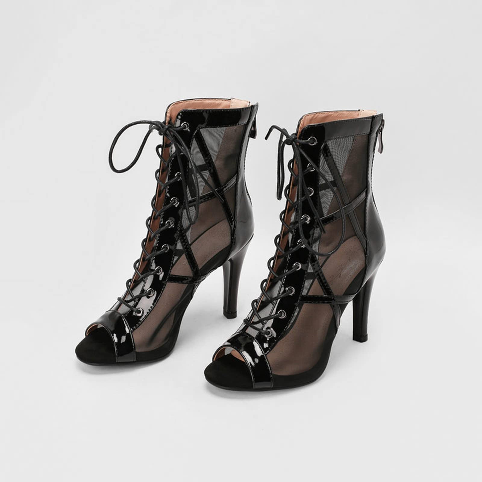 Damen Pumps Lack: Tanzstiefel Schwarz Open Toe Latein Tanzschuhe