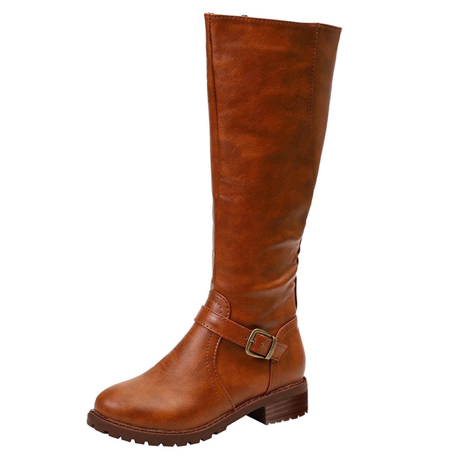 Womens Knee High Riding Boots Buckle Zipper Tall Boots Comfortable with Wide Calf and Wide Widths