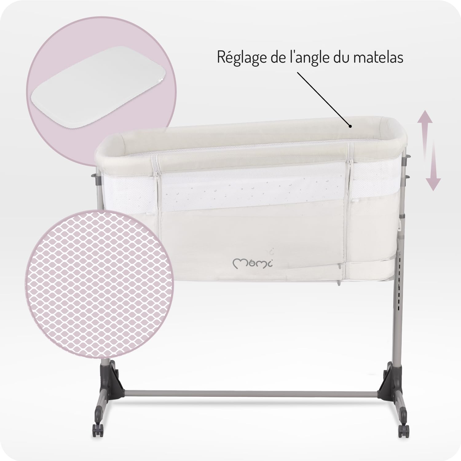 Momi REVO, lit bébé Multifonction, avec Hauteur réglable en 6 Positions de 72 à 82 cm, avec roulettes, Matelas Inclus, Sangles de Fixation, moustiquaire et Barre de Jouets