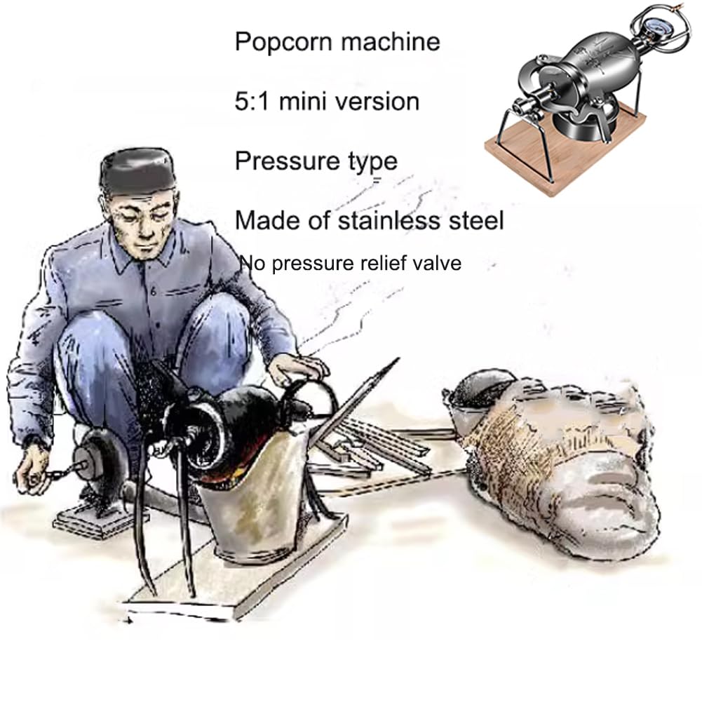 SAAKO Macchina per Popcorn Tradizionale Cinese, Acciaio Inossidabile, Riproduzione 5:1, Riscaldamento a Fuoco, valvola limitatrice di Pressione, Amplificatore Alimentare per Cannone Manuale da 230 ml