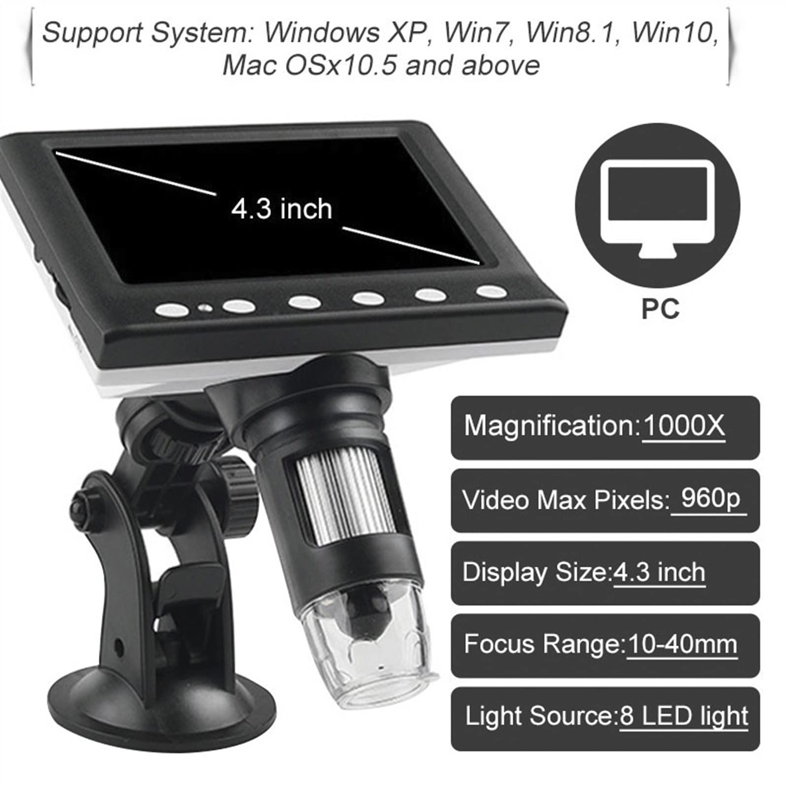 Mikroskop cyfrowy USB 4,3 "LCD 1000X Przemysłowy mikroskop elektroniczny 8 diod LED do kontroli PCB