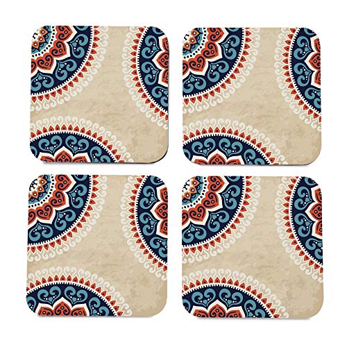 Image of Wooden Coaster Set with Gift Box | Mandala Vintage Design | Set of 4 Tabletop Square Coasters 3.75 inch x 3.75 inch | Kitchen Table Wooden Decorative Items | for Cups, Mugs, Cans, Glasses