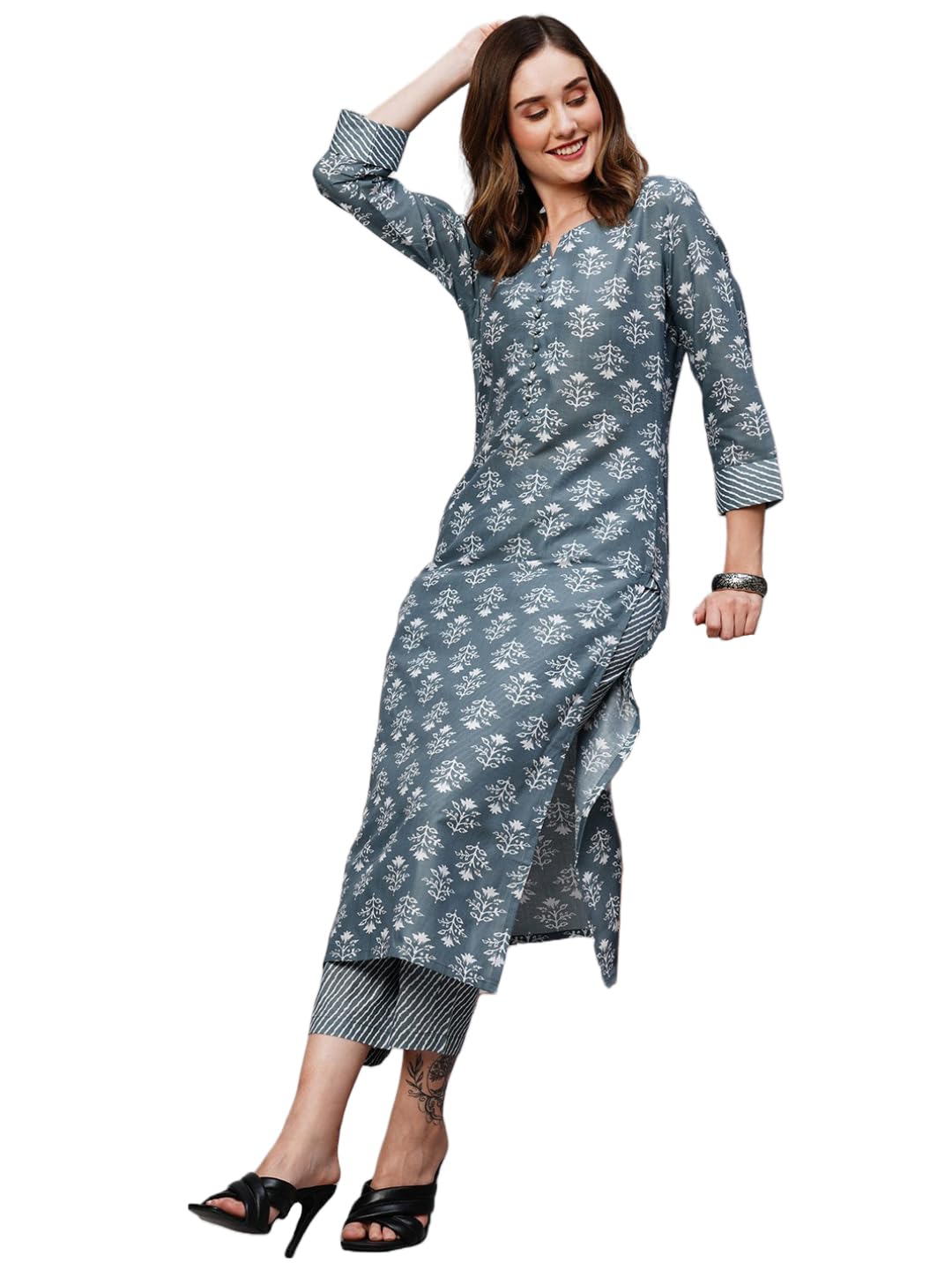 ANNI DESIGNER Women's Cotton Blend Printed Straight Kurta with Pant (KIDYA)