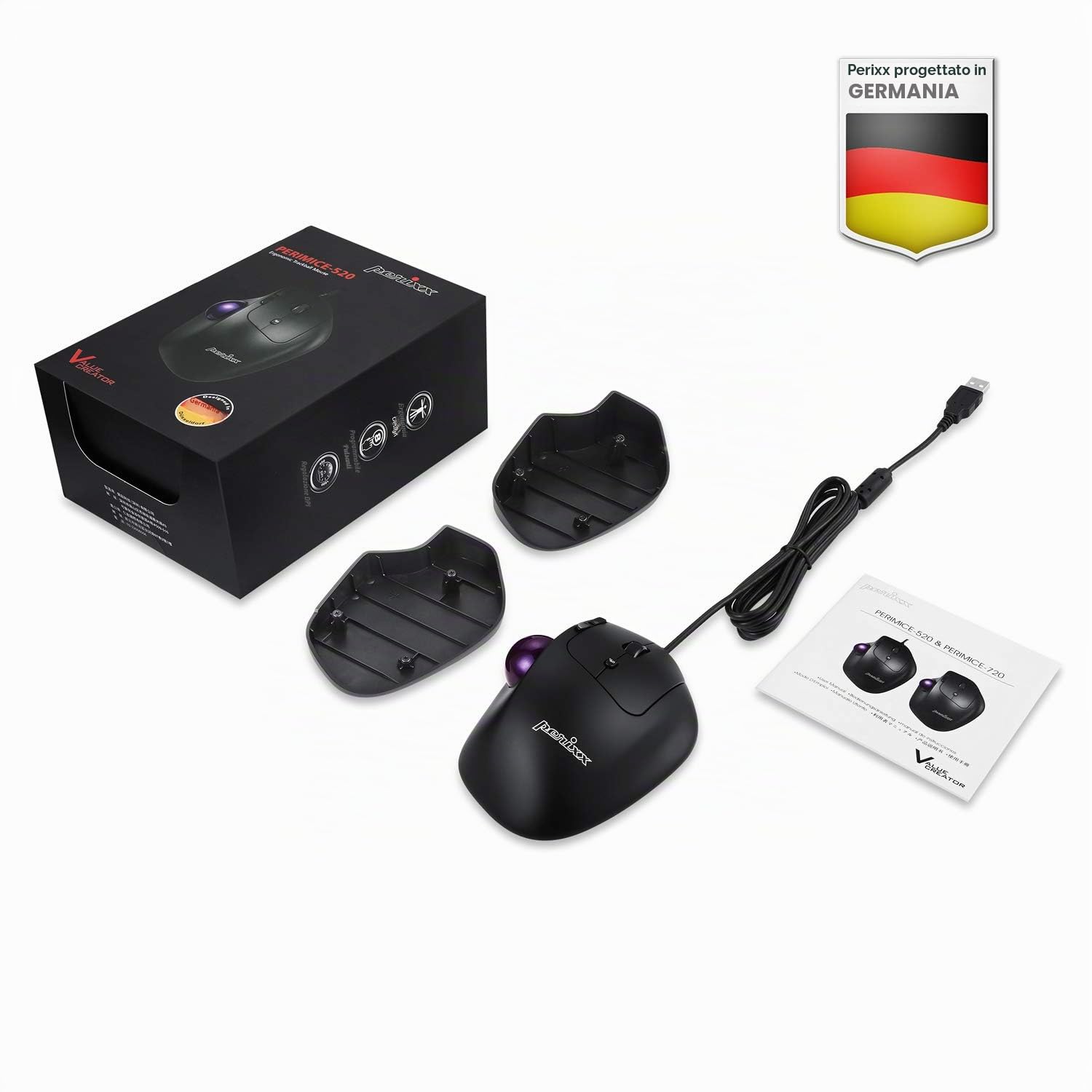 Perixx PERIMICE-520 - Mouse ergonomico trackball cablato, angolo regolabile, livello 2 DPI, colore: Nero