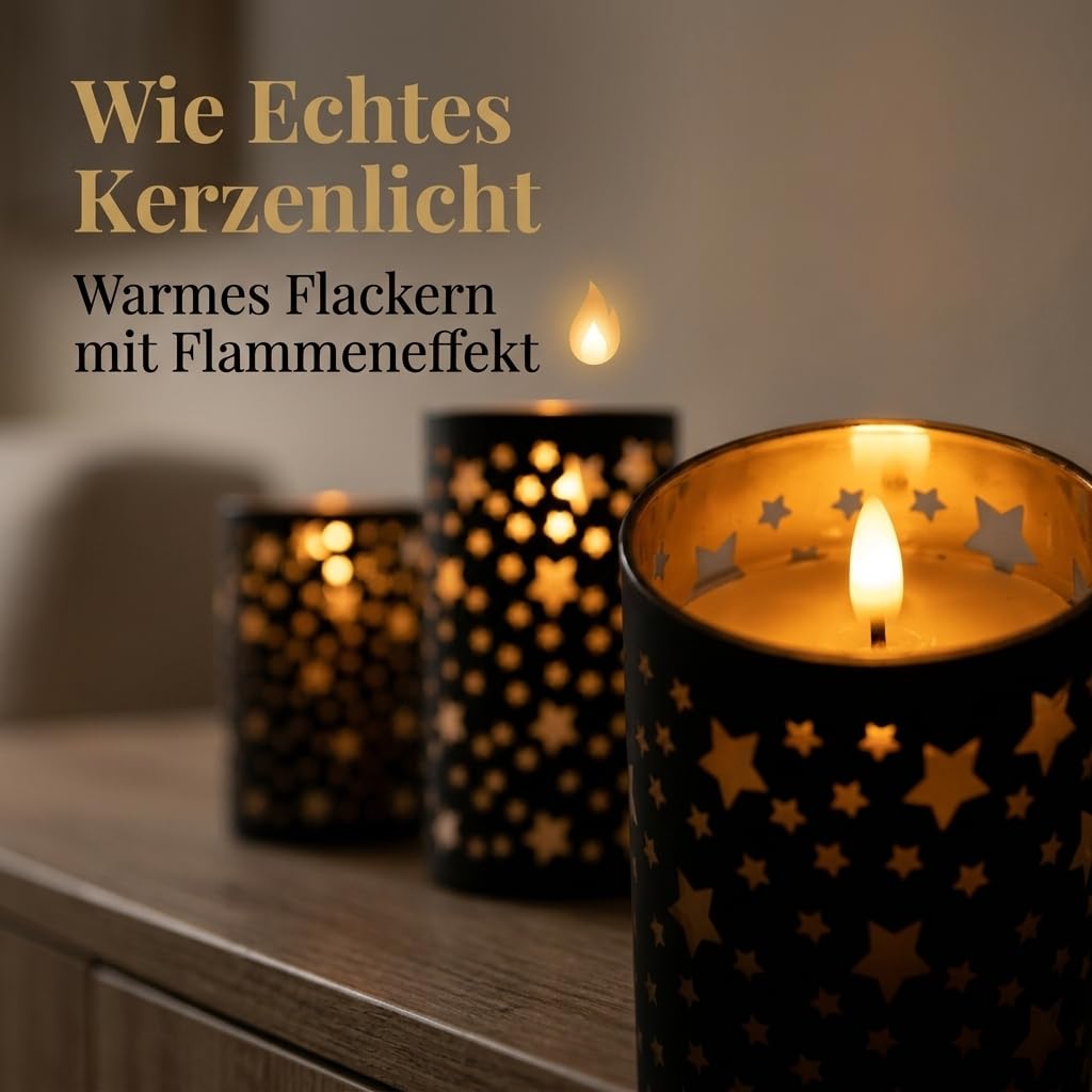 MIJOMA Set di 3 candele a LED, candele di cera con effetto fiamma e timer, bianco caldo, nero, con motivo a stelle, funzionamento a batteria
