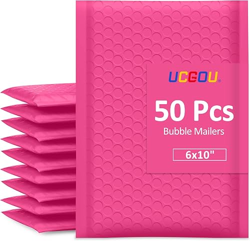 UCGOU Bubble Mailers 6x10 Inch Hot Pink 50 Pack Poly Padded Envelopes Small Business Mailing Packages Opaque Self Seal Adhesive Waterproof Boutique Shipping Bags for Jewelry Makeup Supplies #0