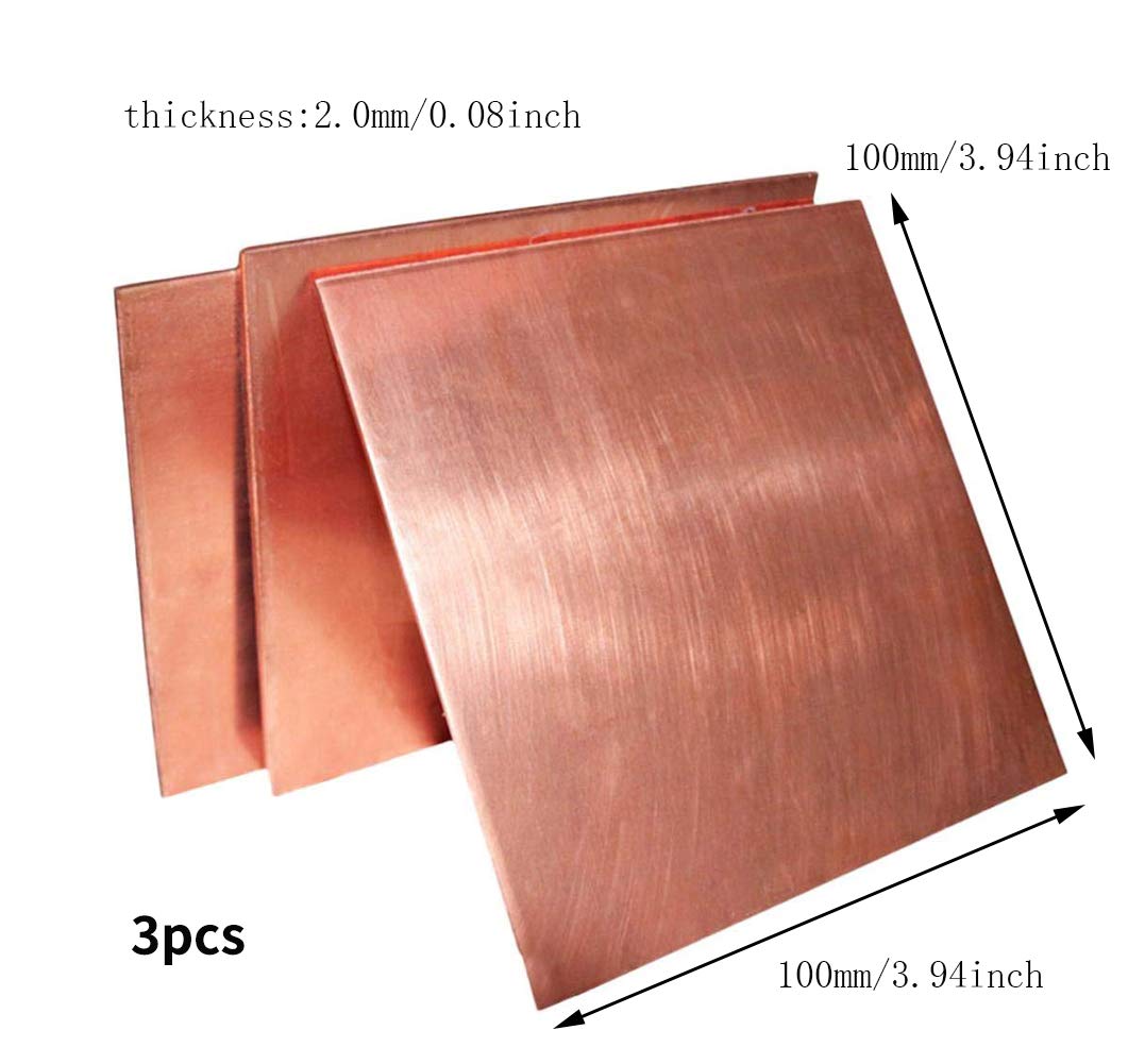 Kupfer, 3 Stück T2 reine Kupferbleche, flache Cu-Folie, korrosionsbeständiges Metall-Experiment-Schweißmodell, 0,5 mm x 100 mm x 100 mm(2.0mm*100mm*100mm)