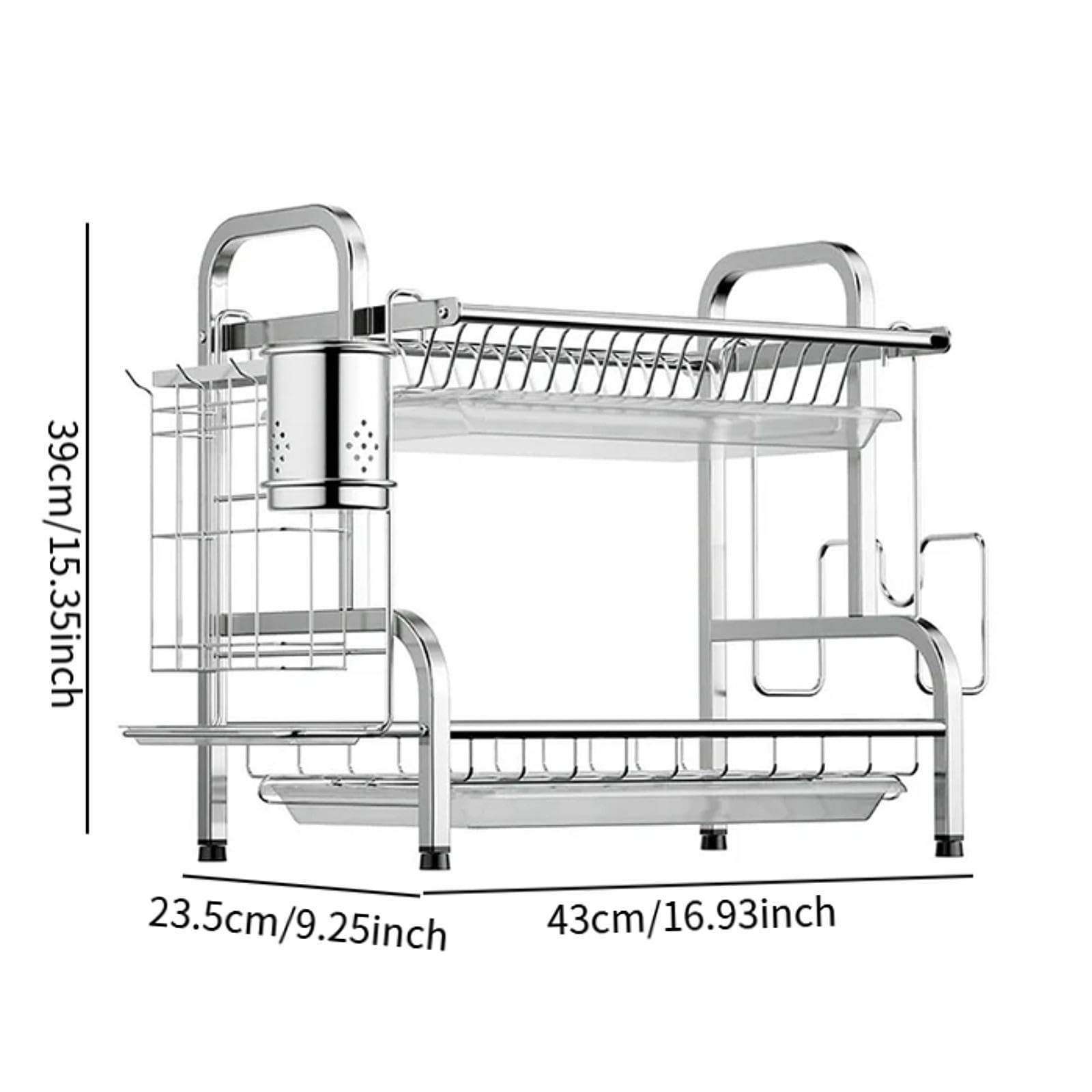 Escurridor de Platos, Soporte para Tazas con Escurridor, Encimera de Cocina, Acero Inoxidable, Bandeja Antigoteo Práctica, Organizador de Platos, 43 cm x 23,5 cm x 39 cm