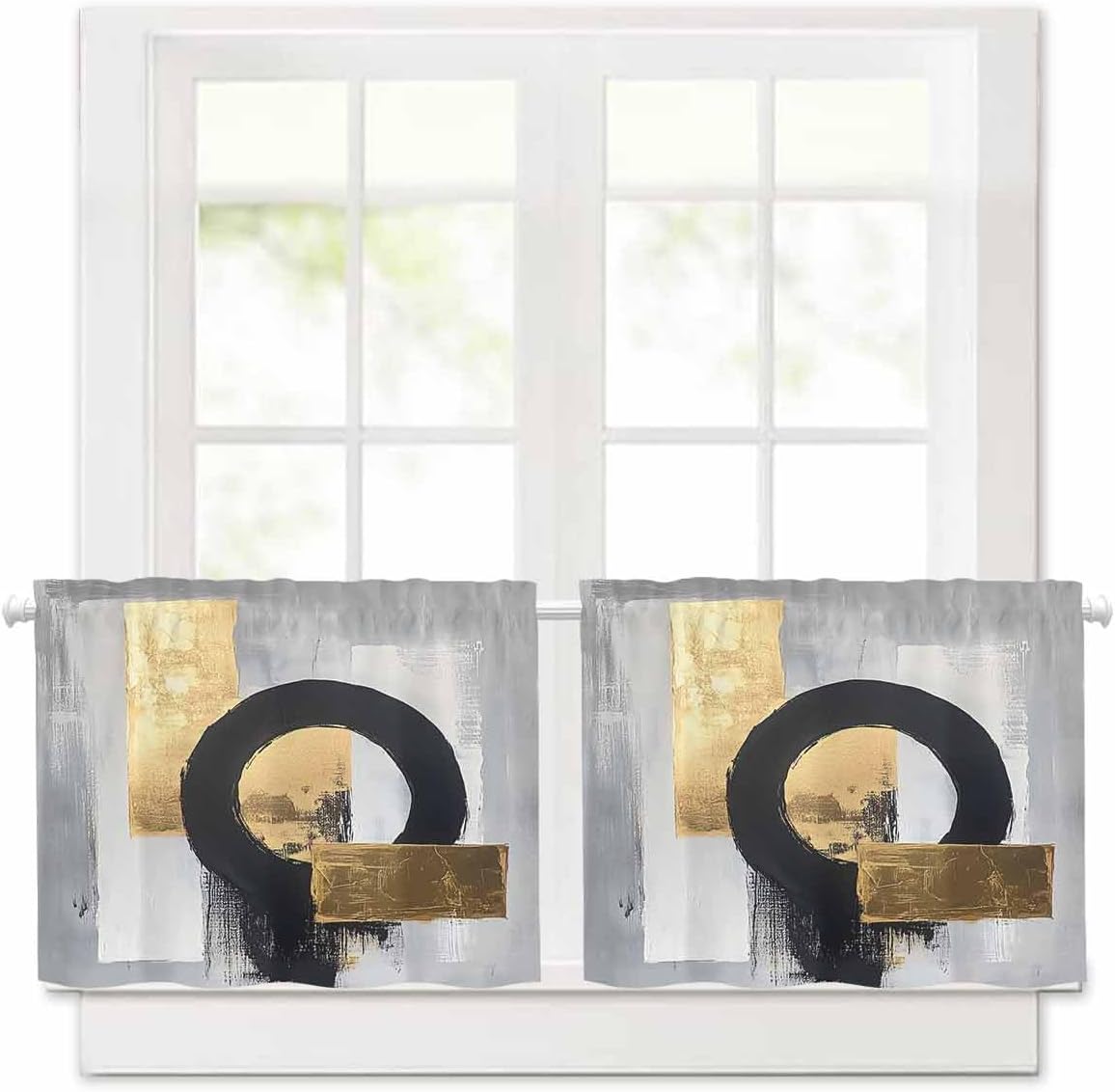 Black and Gold Short Blackout Curtains 24 Inch Long Round Watercolor Modern Abstract Rod Pocket Kitchen Curtains, 2 Panels Thermal Insulated Drapes for Bedroom, 30" W x 24" L