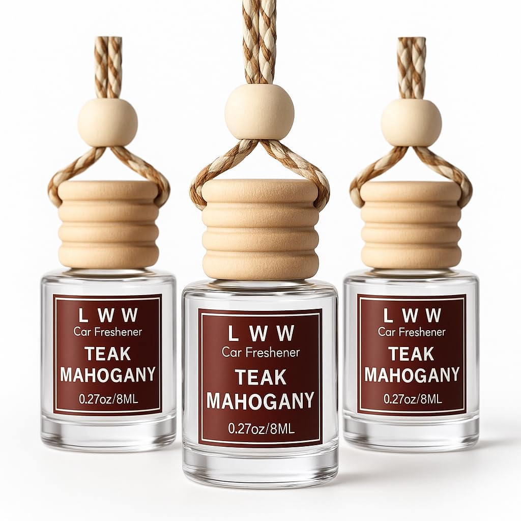Car Air Freshener Hanging - Cute Car Fragance Oil Diffuser - Reusable Bottle with 45+ Days Long Lasting Fragrance, Essentials Oils for Women Men - Teak Mahogany (3 Pack)