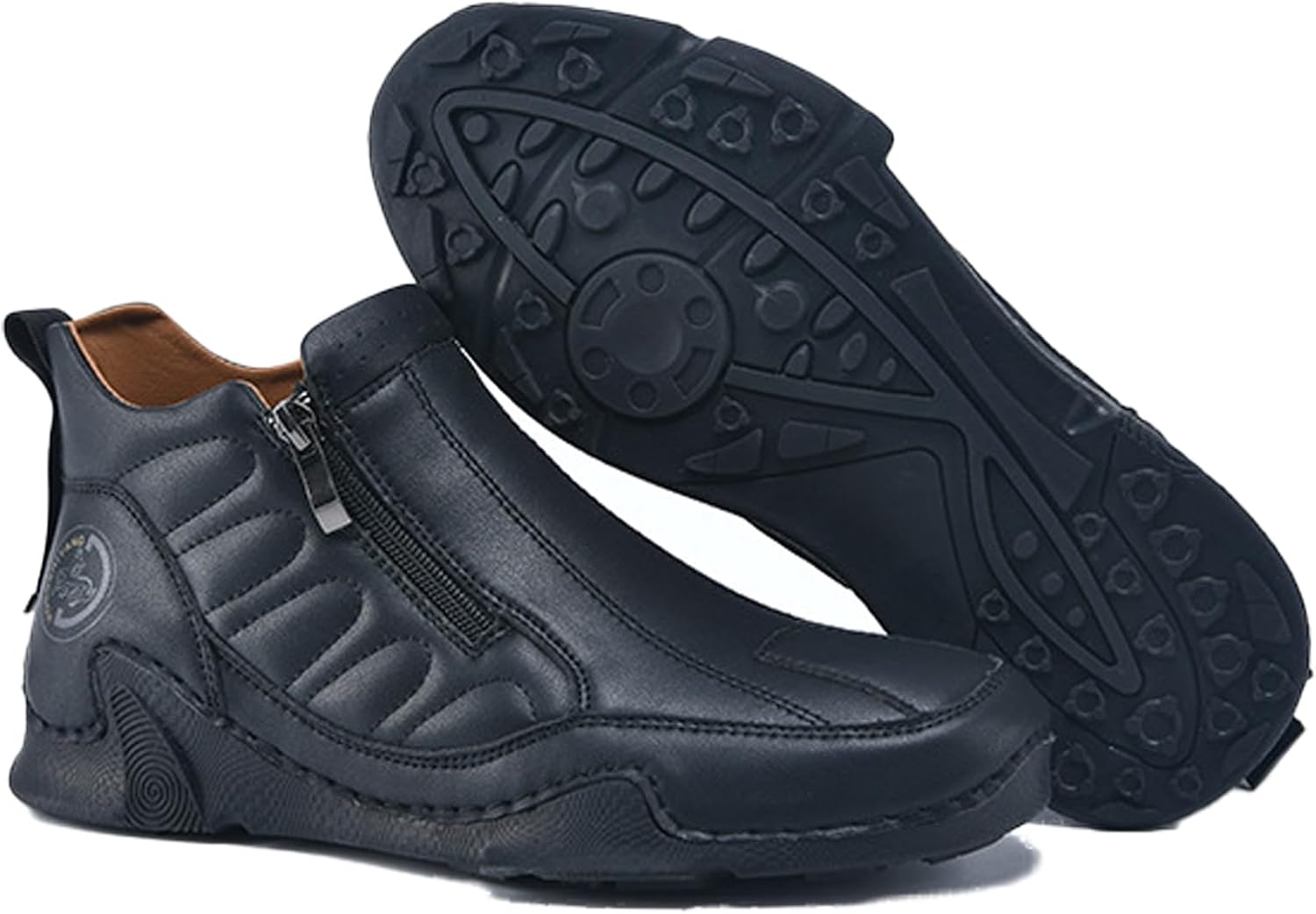 Men's Leather Slip-On Walking Ankle Boots Outdoor Non Slip Double Zipper High Top Driving Work Boots Daily Lightweight Chukka Shoes