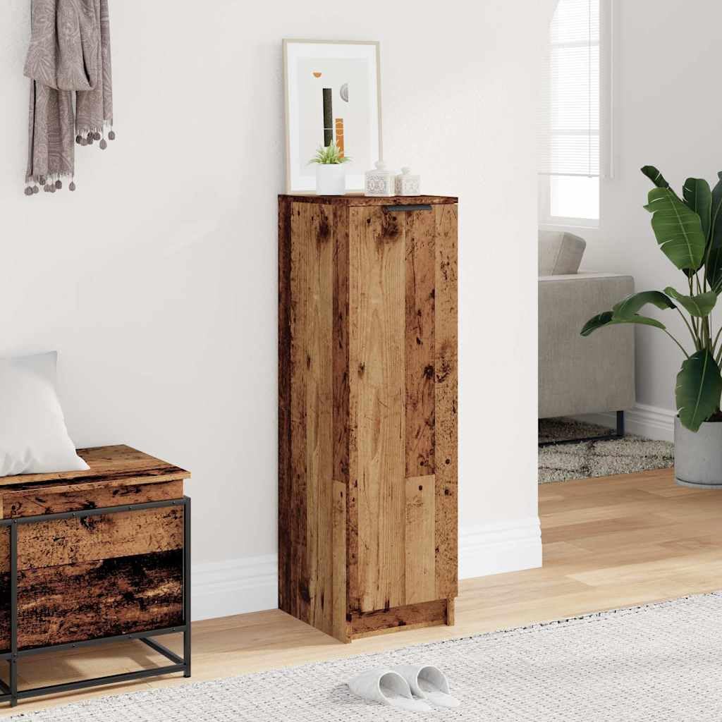 Szafka na buty o wyglądzie starego drewna, materiał drewnopochodny, 29,5 x 35 x 100,5 cm, z drzwiami i półką, wąski stojak na buty z przegródkami, do korytarza, przedpokoju, garderoby