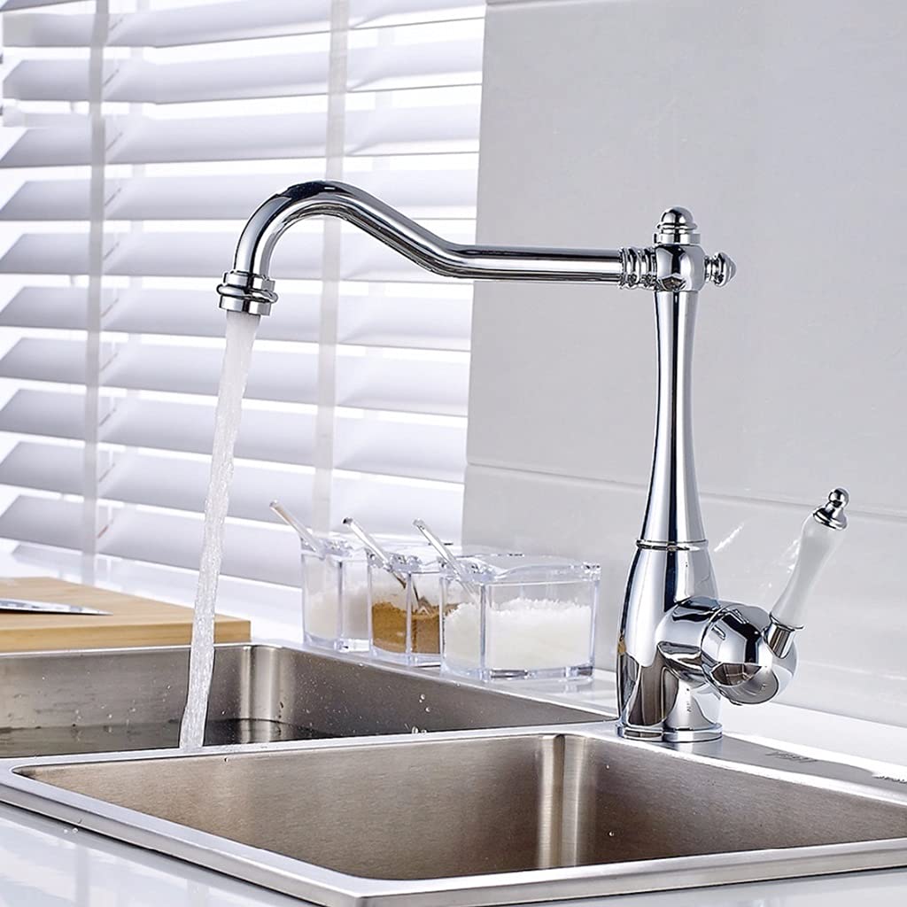 Lmysxaoz 5V Kitchen Sink Faucet For Bar Farmhouse Commercial, Solid Brass Mixer, Single Hole 360 Rotate Tap, Silver Chrome