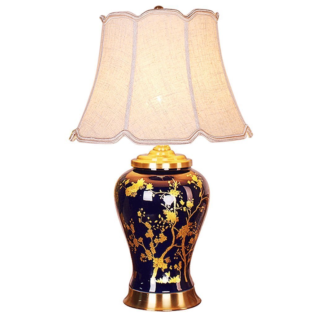 New Chinese Classical Blue Ceramic Vase Table Lamp, Grey Linen Art Lampshade, Luxury Antique Brass Table Lamp, Modern Living Room Bedroom Study Office Lighting