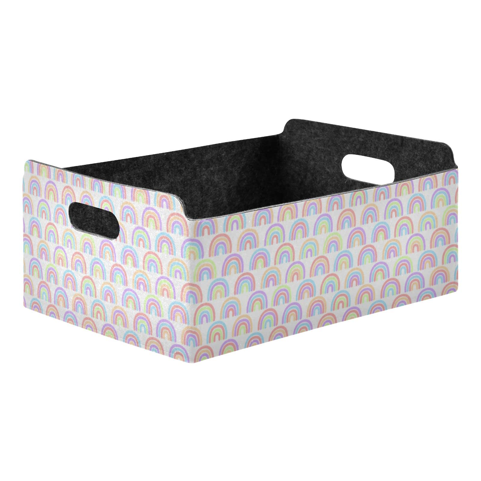 Oyihfvs Seamless Childish Rainbow Colorful Waves Half Circles Doodles Rectangle Foldable Felt Storage Bin, Collapsible Cube with Handles Thick Fabric Box Organizer Clothes Supplies for Home Bedroom