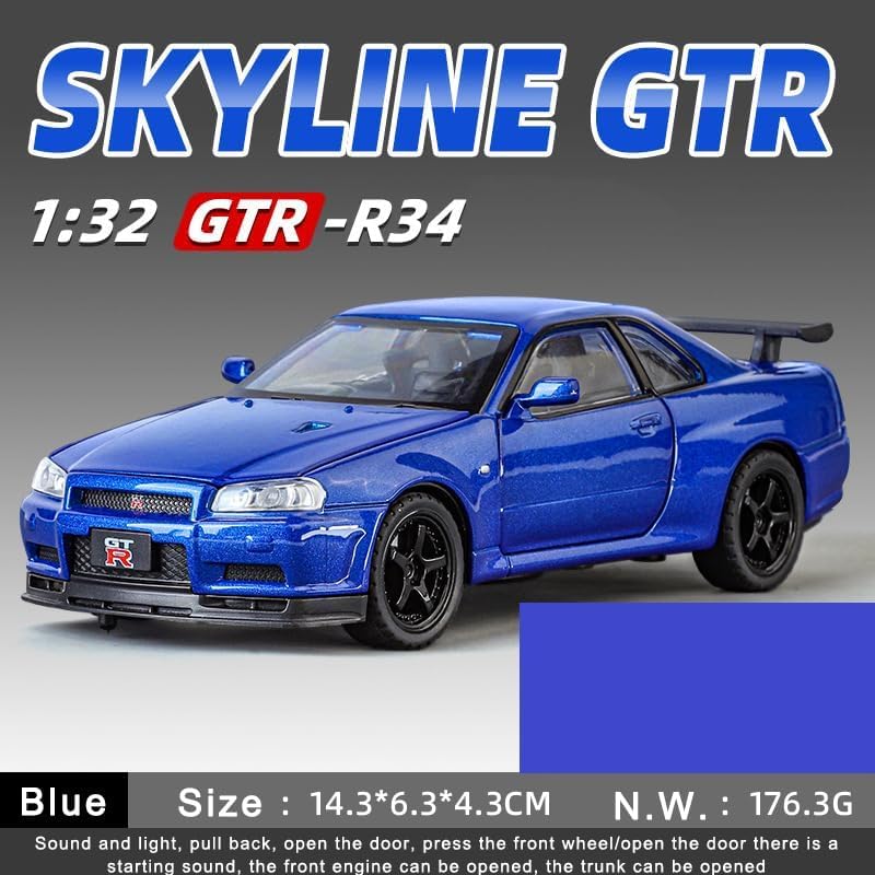 Image of Scale 1:32 Nissan Skyline GTR-R34 - Blue Alloy Diecast Pullback Metal Car Toy with Sound Light & Opening Doors - Best Gift Toy for Kids
