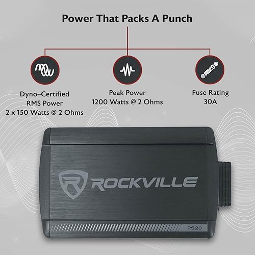 Miniatura 2 de Rockville PS20 150W RMS Amplificador Bluetooth de 2 canales, IP65 impermeable, clase D, ecualizador de graves, compacto, fácil de instalar, para