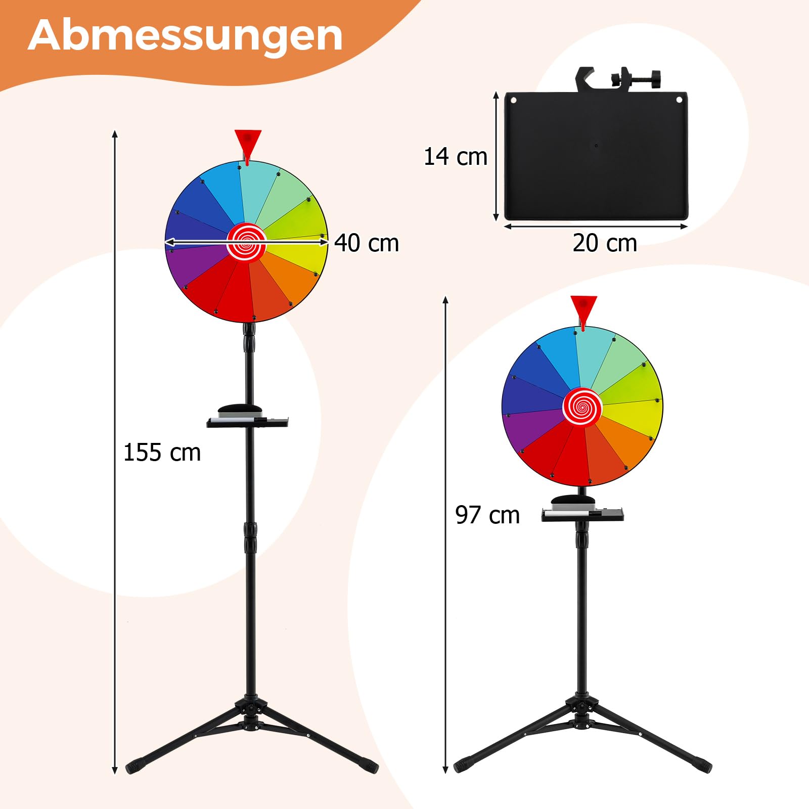 GOPLUS 40 cm Glücksrad, höhenverstellbarer Glücksrad-Dreher mit Falt-Stativ, Trockenlöschmarker & Radiergummi, farbiges Rouletterad mit 12 Schlitzen für Karneval, Messe & Partyspiele