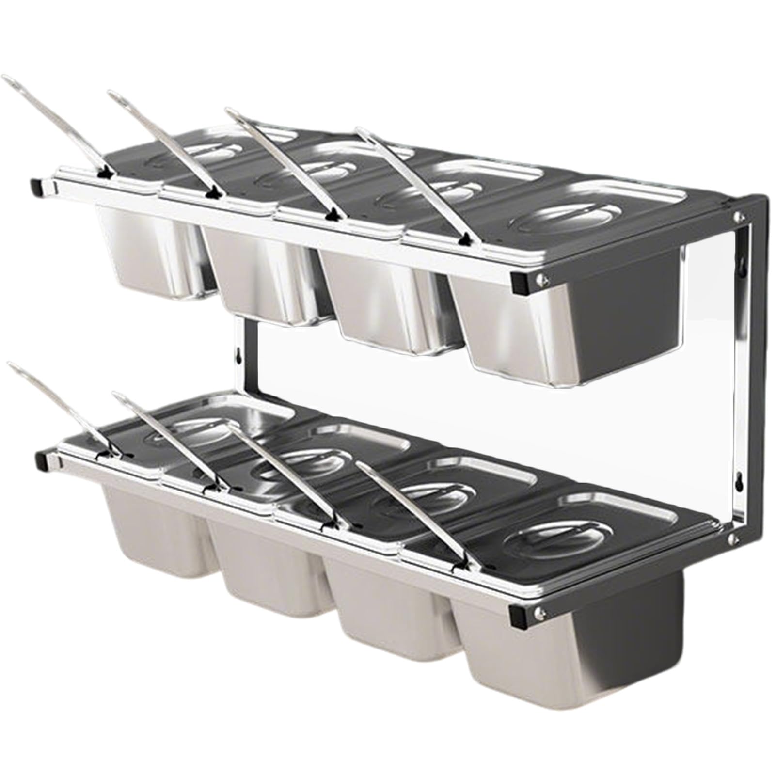 MYUYEE 2 Tier Stainless Steel Pizza Topping Station With Lids & Spoons Wall Mounted Spice Rack For Kitchen & Restaurant 6/8/10 Compartment Seasoning(10Cm(4In)-4Pcs-C)