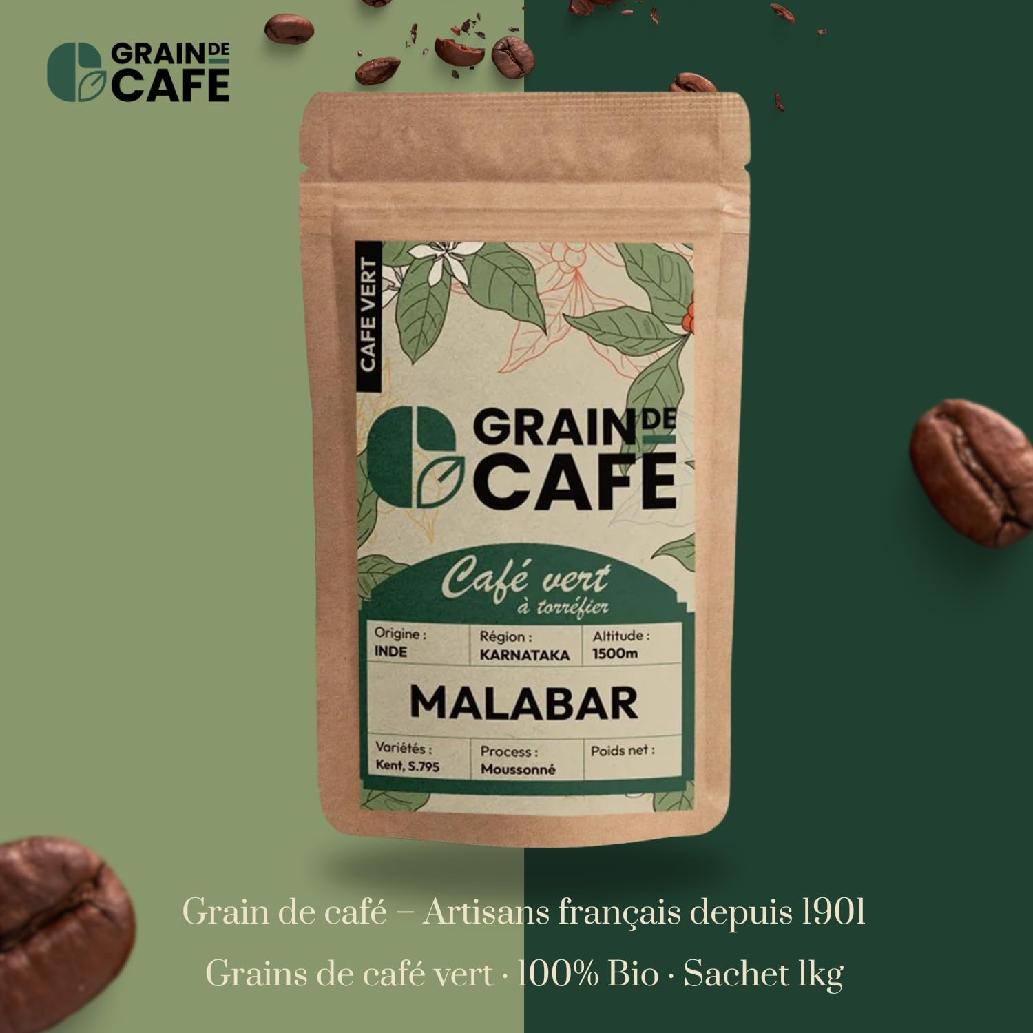 Café Bonnac – Café En Grain Inde Malabar Moussonné 1kg | 100% Arabica Traditionnel | Notes De Céréales, Poivre Doux Et Bois Sec | Torréfaction Artisanale | Idéal Machine À Café Grain