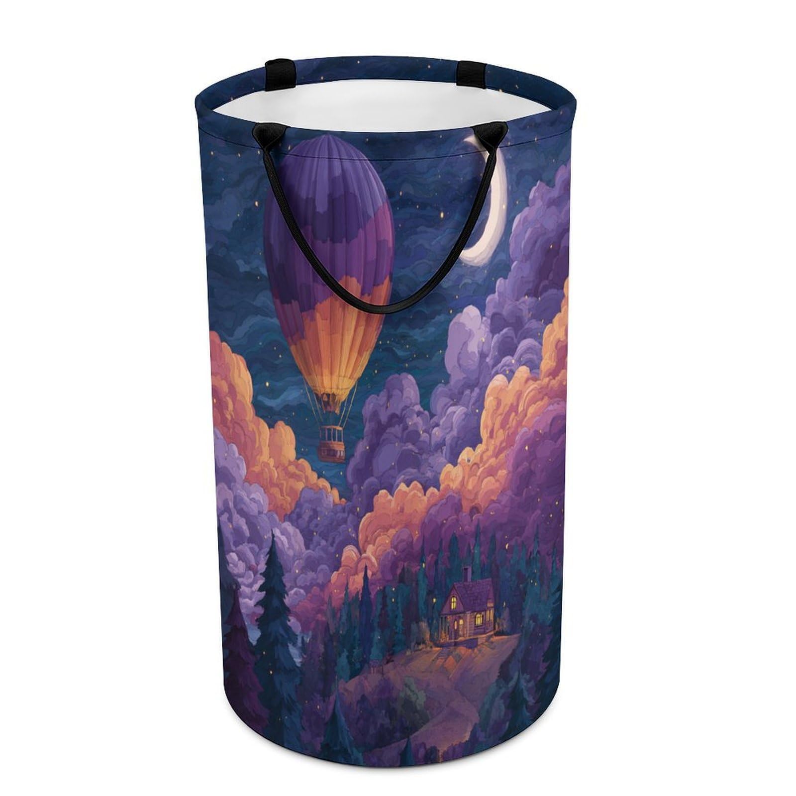 LUYYSKY Classic Romantic Hot Air Balloon Versatile Storage Laundry Basket, Modern Realistic Starry Sky Enchanted Fairy Forest Cloud Pattern Large Bathroom Hamper With Handle-40 CM Dia, 69 CM High