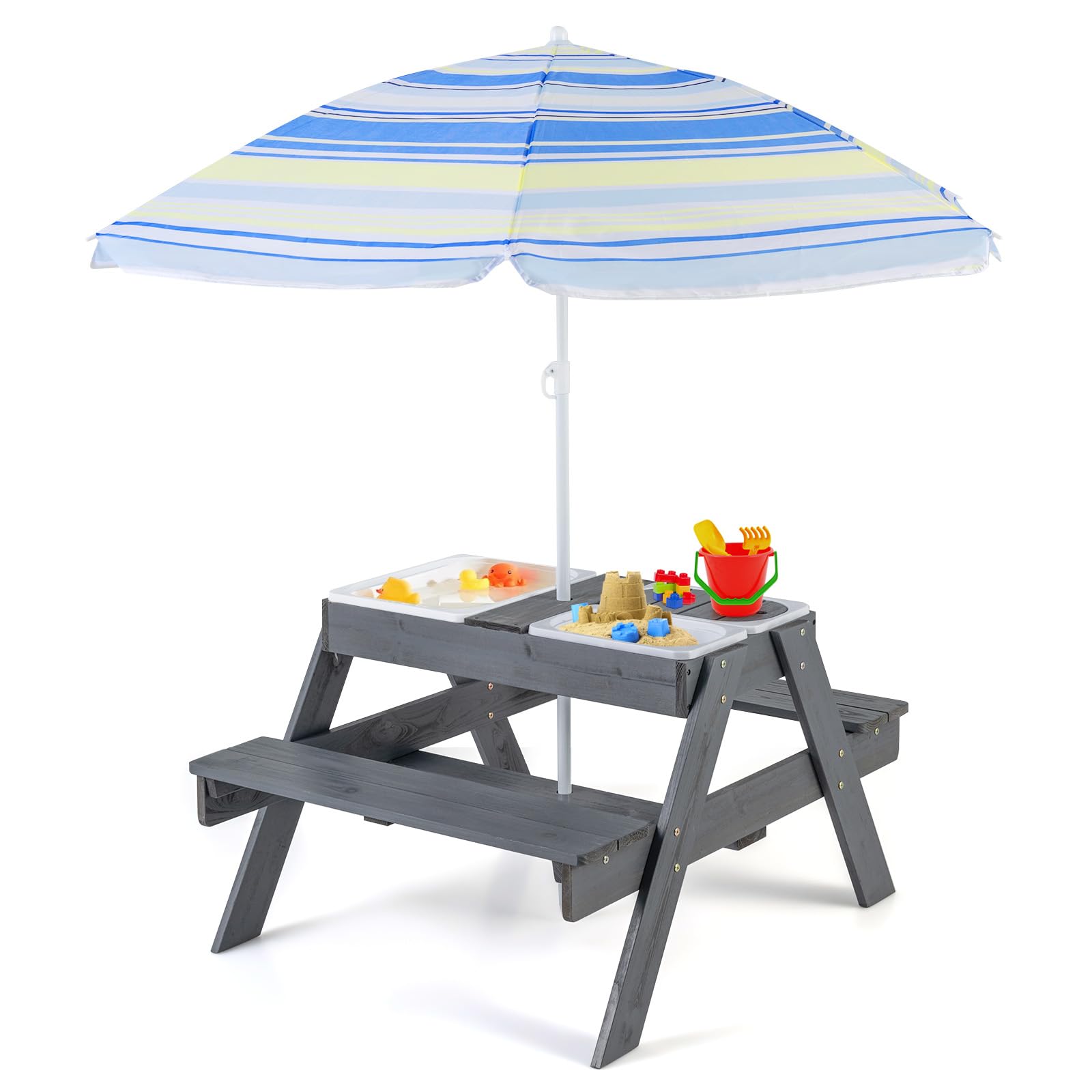 COSTWAY 4 in 1 Tavolo da Picnic per Bambini, Tavolino Sabbiera | Set di Tavolo e Panca in Legno per Spiaggia con Ombrellone e 3 Scatole di Plastica Rimovibili per Patio, Giardino e Cortile