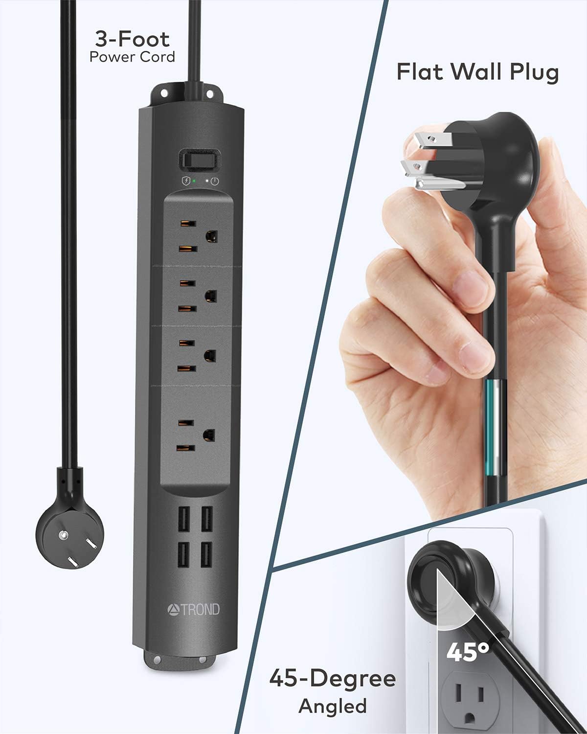 TROND Surge Protector Power Strip with USB, Flat Plug, Screw Wall Mountable, 3ft Extension Cord, 4 USB Charging Ports, 4 AC Outlets and 1440 J Surge Protection, for Home Office Desk Bedside, Black : Electronics