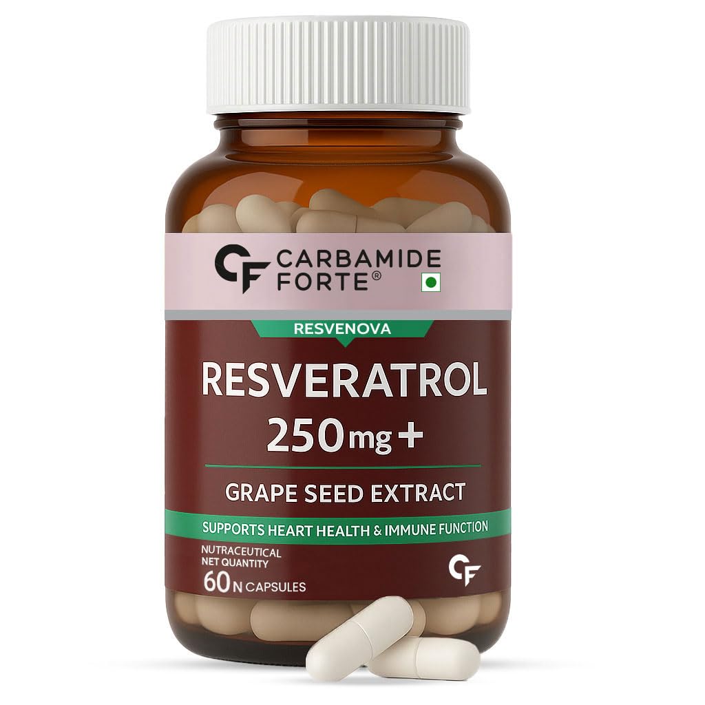 Carbamide Forte Resveratrol 250mg with Grape Seed Extract | Pharma Grade Resveratrol Supplements for Max Absorption - 60 Veg Capsules