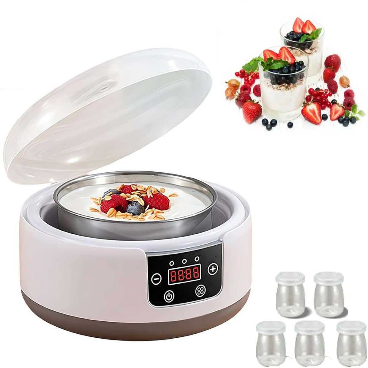 Yogurtera Automática a Temperatura Constante, Yogurtera con Control de Temperatura y Tiempo Ajustable, Yogurtera Automática Digital con 8 Tarros de Vidrio