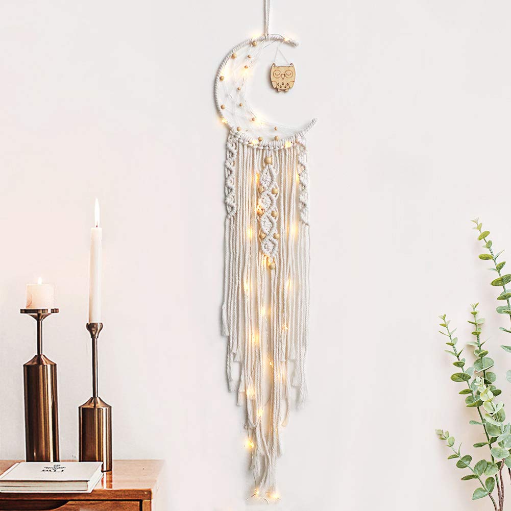 Dremisland Macrame Wall Hanging with LED Light,Moon Dream Catcher Woven Owl Tapestry Bohemian Home Decor for Kids Room Wedding Party Ornaments Craft Gifts