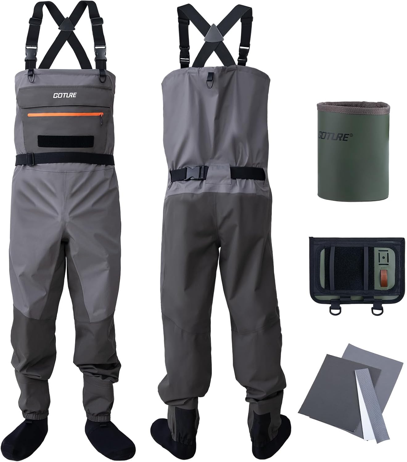 Goture 5-Layer Waterproof Stocking Foot Waders, Breathable Fly Fishing Waders for Men Women, Multiple Storage Pockets 5 Sizes