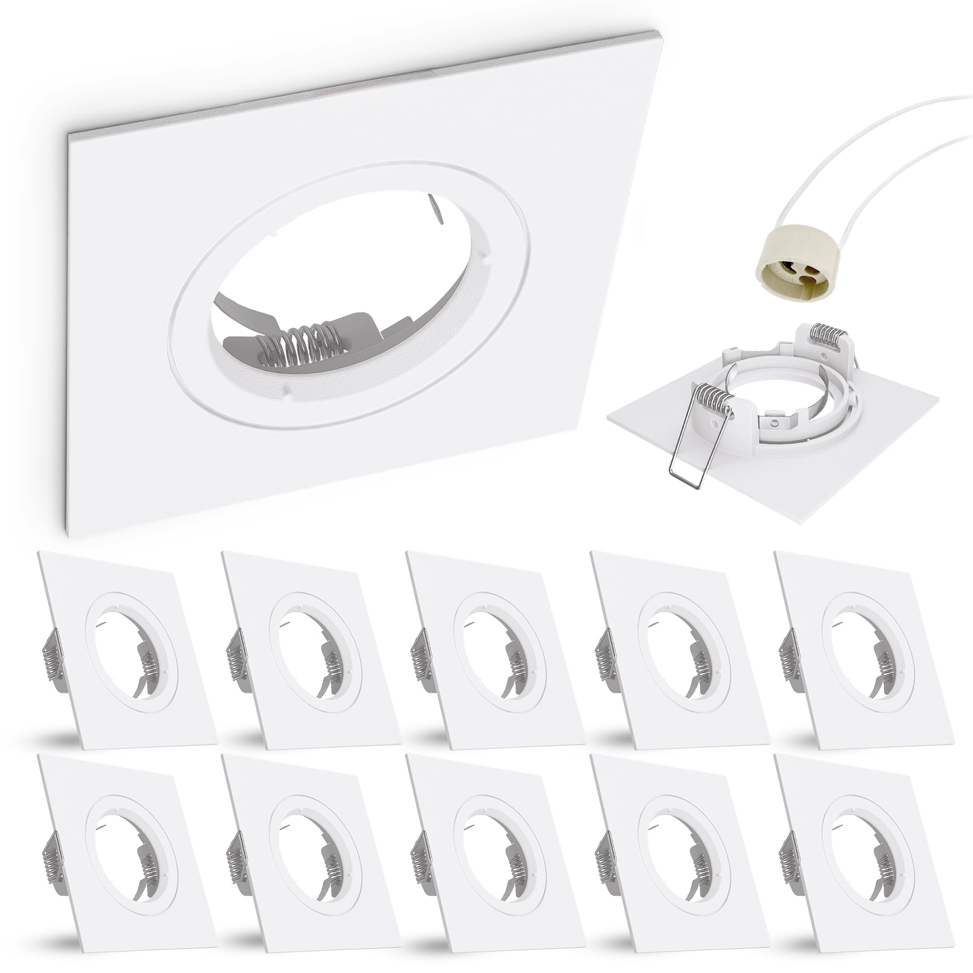 linovum Einbaurahmen 10er Set eckig weiß GU10 inkl. Fassung | Zehn Deckenrahmen weiß matt - für GU10 oder MR16, einfacher Wechsel ohne Sprengring, inkl. Fassung (ohne Leuchtmittel)