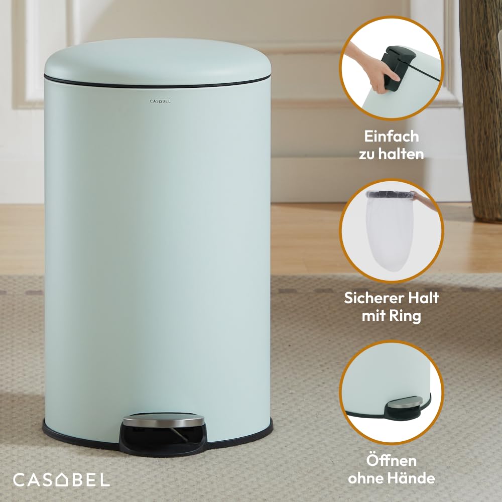 CASABEL Mülleimer Küche 30L, 100% Edelstahl, Resistent gegen Fingerabdrücke, Runder Treteimer mit Fußpedal, Abfalleimer mit Deckel für Bad, Küche, Büro, Mintgrün