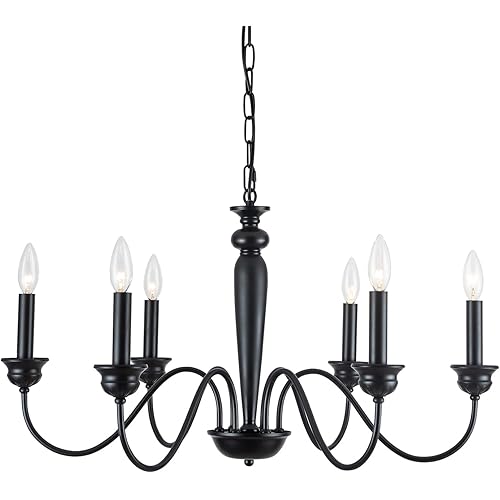 CHOOHUE Farmhouse Dining Room Chandelier, Black 6-Lights Candelabra Industrial Chandelier for Dining Room Kitchen Island Living Room Foyer Bedroom Rustic Chandelier, 28 inches