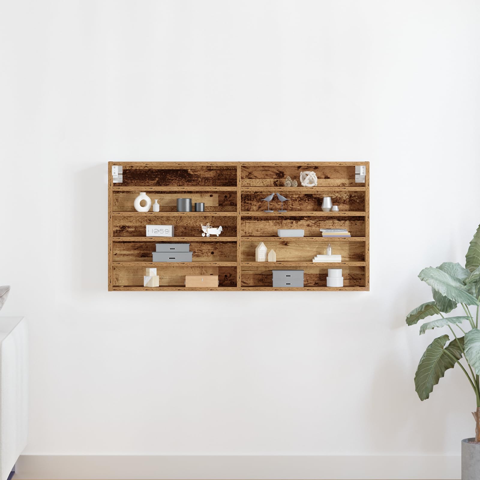 Wandregal aus Massivholz Recyceltes Holz Rustikal Braun 100x8.5x50 cm mit 8 Fächern für Bücher Pflanzen Deko Wohnzimmer Schlafzimmer Büro