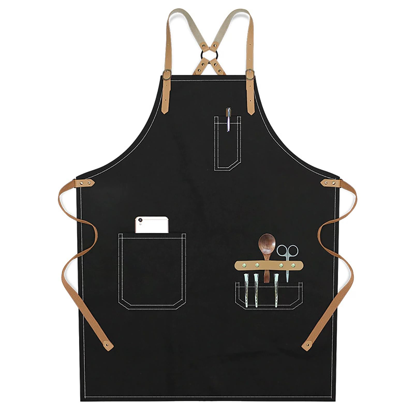 Delantal de cocina de lona de algodón con espalda cruzada ajustable con bolsillos para cocina, cocina, peluquería, artista, pintura