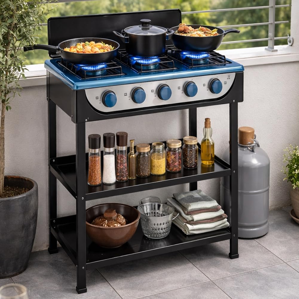 BAKAJI Cucina a Gas GPL con 5 Fuochi da Esterno e 2 Ripiani, Cucinotto Portatile in Acciaio con Paravento 5 Bruciatori, Piedini Stabili Antiscivolo, Ideale per Giardino, Patio, Balcone, Campeggio