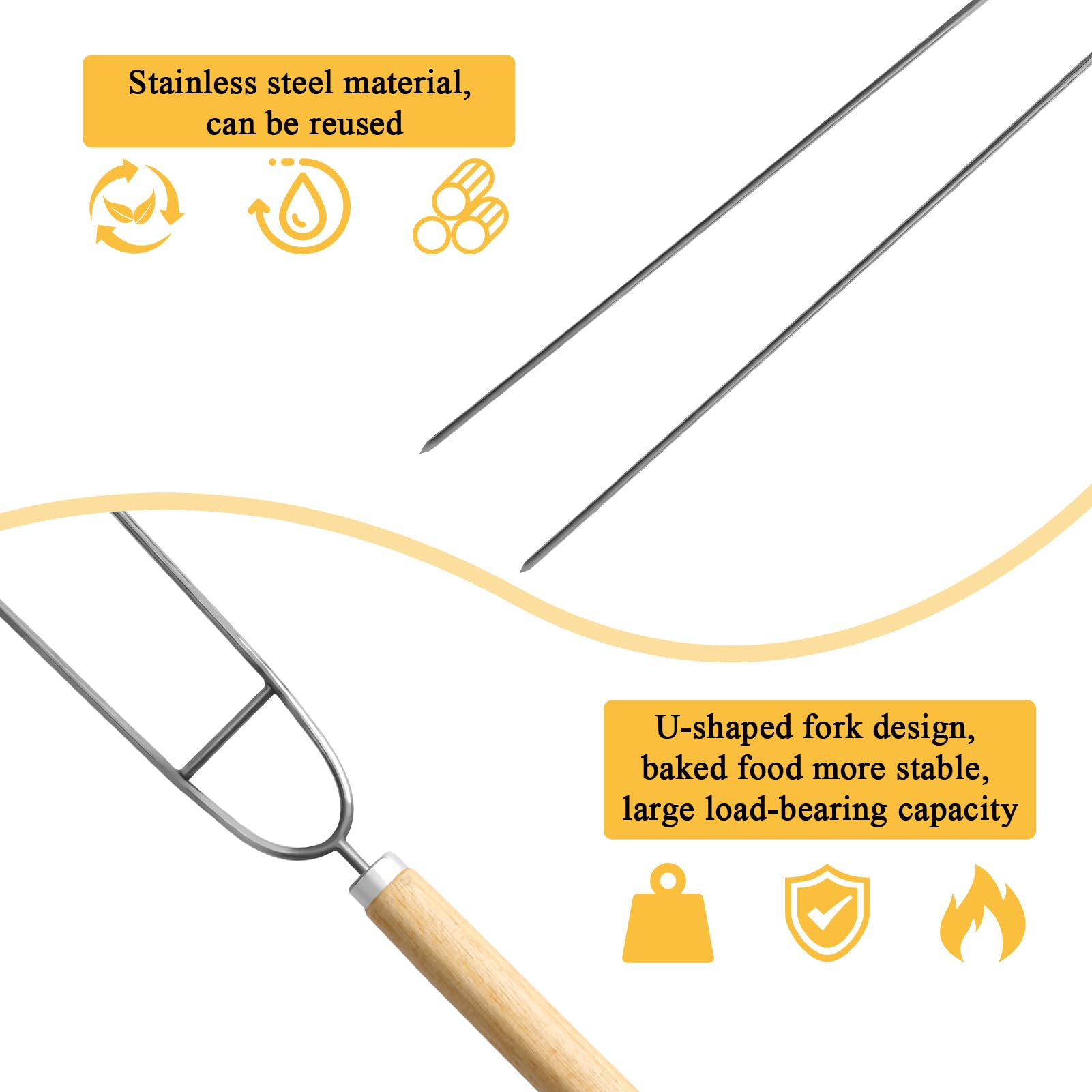 10 Brochettes Pour Barbecue En Inox Avec Manche En Bois - 32 Cm - Forme En U Pour Éviter Que Les Aliments Ne Tombent - Réutilisables