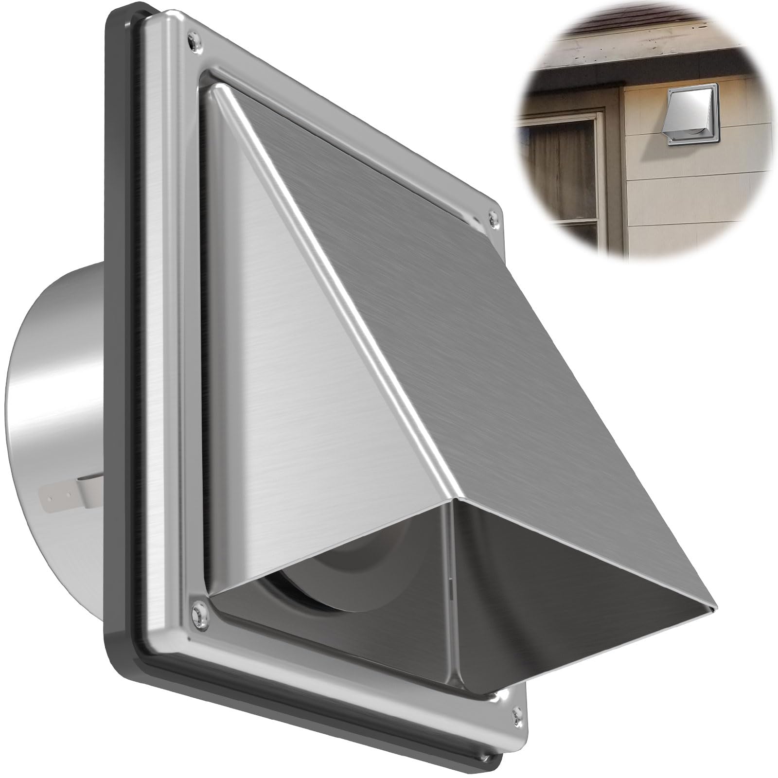 Photo 1 of ForoGore 6'' Metal Dryer Vent Cover Outdoor Wall with Rubber Cushioned Non Return Flap, 6 Inch External Extractor Wall Vent, Stainless Steel Outside Dryer Vent Covers for House